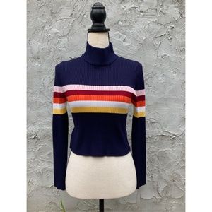 90's Color Block Striped, Cropped Sweater | Large Long Sleeve Turtleneck, Preppy